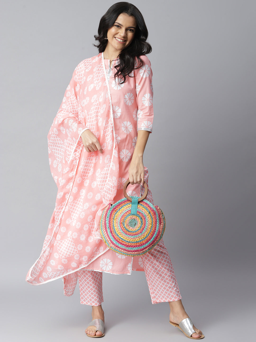 Women's Printed Cotton Straight Kurta Pant Dupatta Set (PinkChecksKpdS