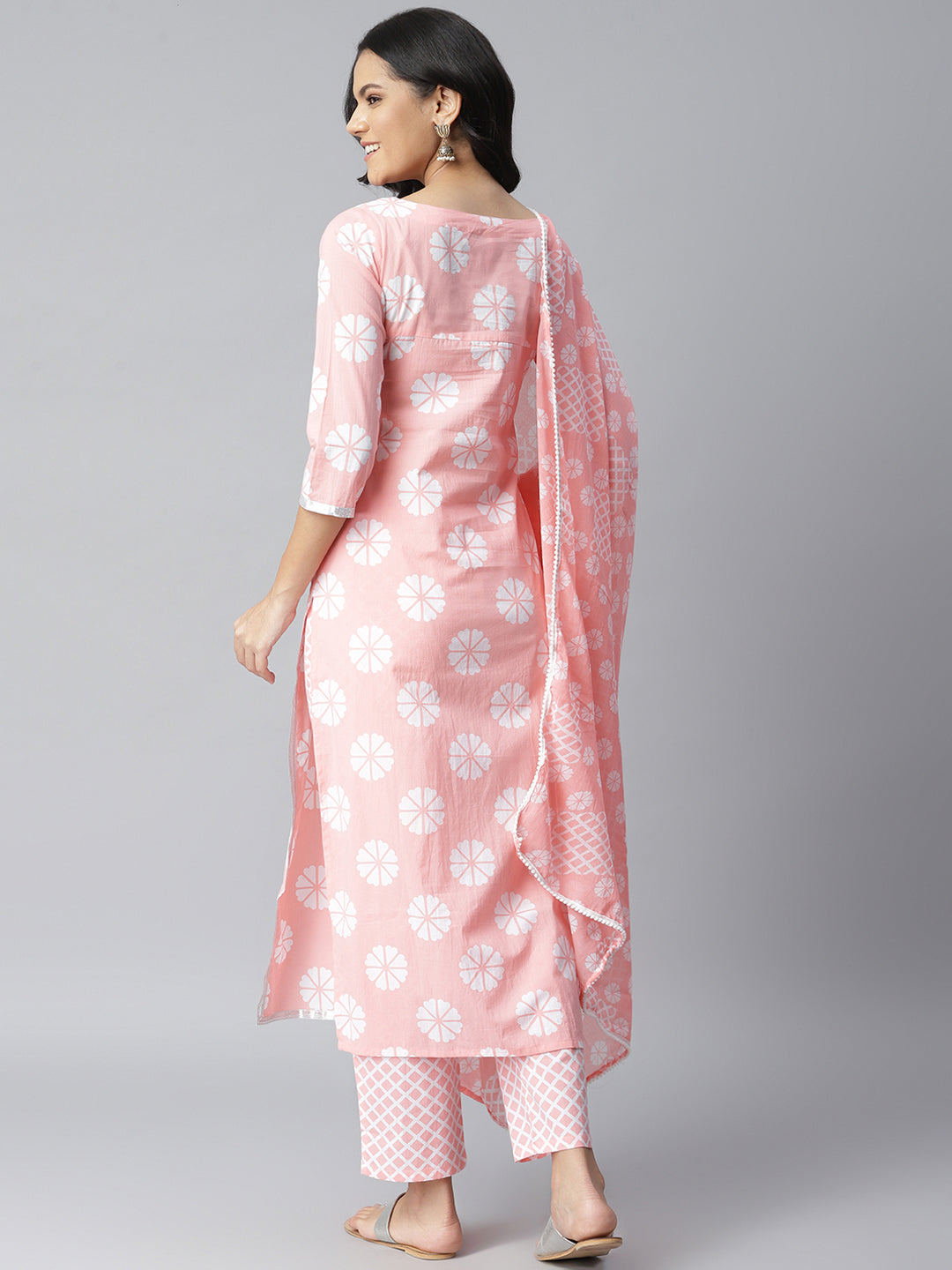 Women's Printed Cotton Straight Kurta Pant Dupatta Set (PinkChecksKpdS