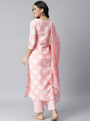 Stylum Women's Printed Cotton Straight Kurta Pant Dupatta Set (PinkChecksKpdSet)