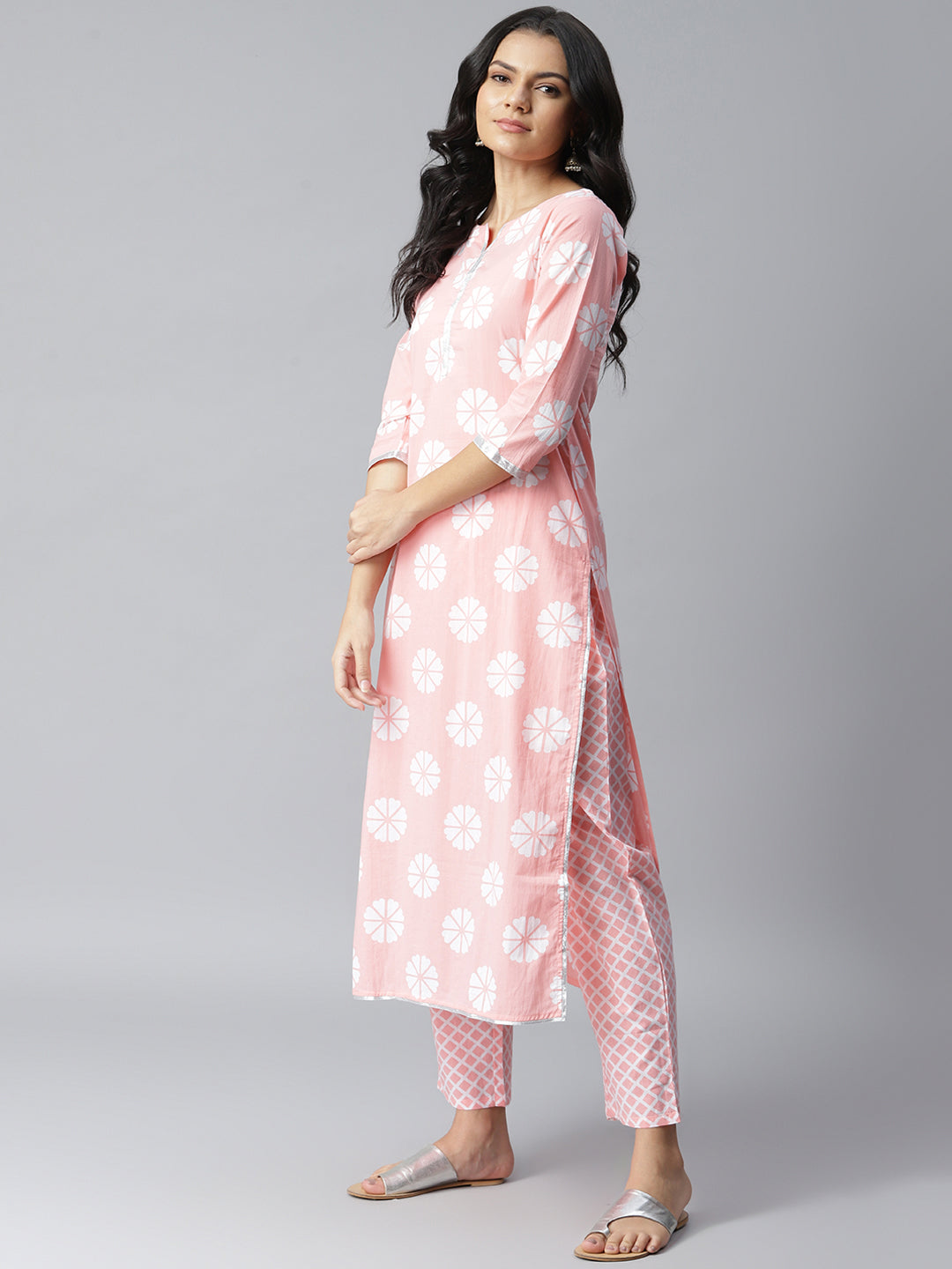 Women's Printed Cotton Straight Kurta Pant Dupatta Set (PinkChecksKpdS