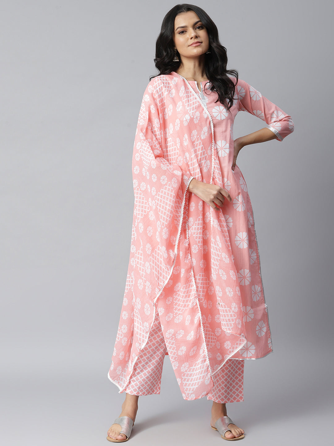 Women's Printed Cotton Straight Kurta Pant Dupatta Set (PinkChecksKpdS