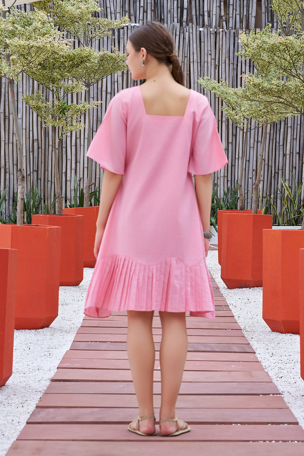 Plus Size Pink Hand Painted Square Neck Cotton Dress