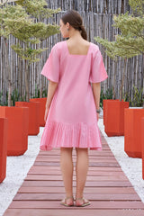 Plus Size Pink Hand Painted Square Neck Cotton Dress-CL-SW-3047