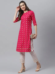 Women's Gold Printed Rayon Straight Kurta Pant Set-Pinkjewelskpset-XS