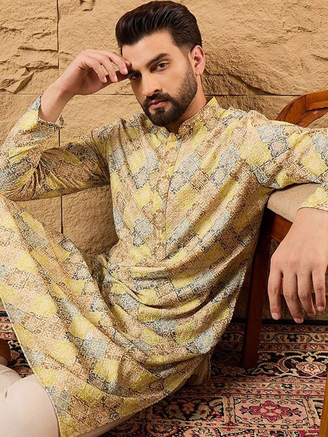 Ethnic Bay Men Yellow Viscose Rayon Bandhani Embroidered Straight Kurta With Pant Set-MKSET1192