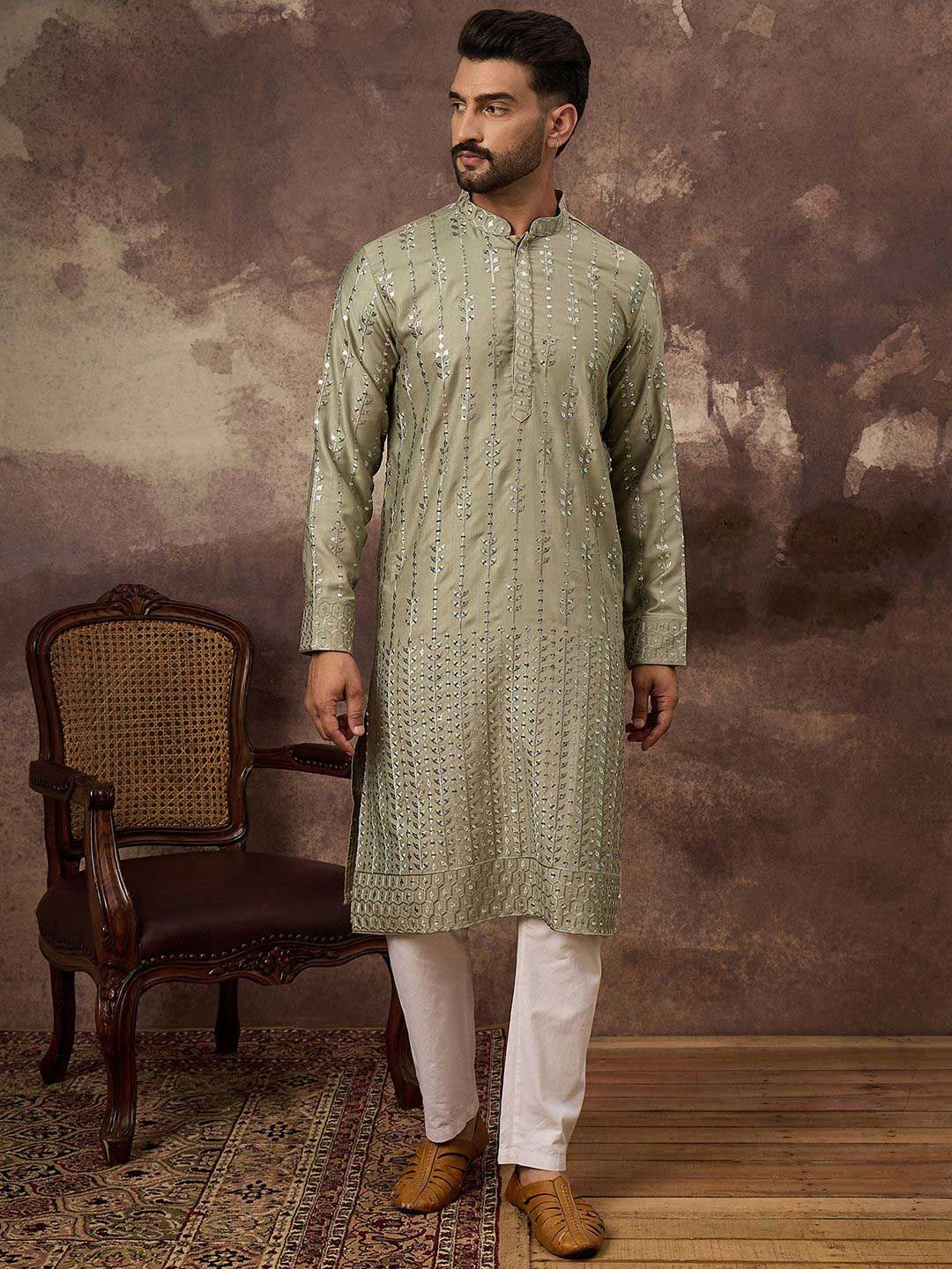 Ethnic Bay Men Green Silk Blend Solid Embroidered Straight Kurta With Pant Set-MKSET1356