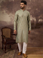 Ethnic Bay Men Green Silk Blend Solid Embroidered Straight Kurta With Pant Set-MKSET1356