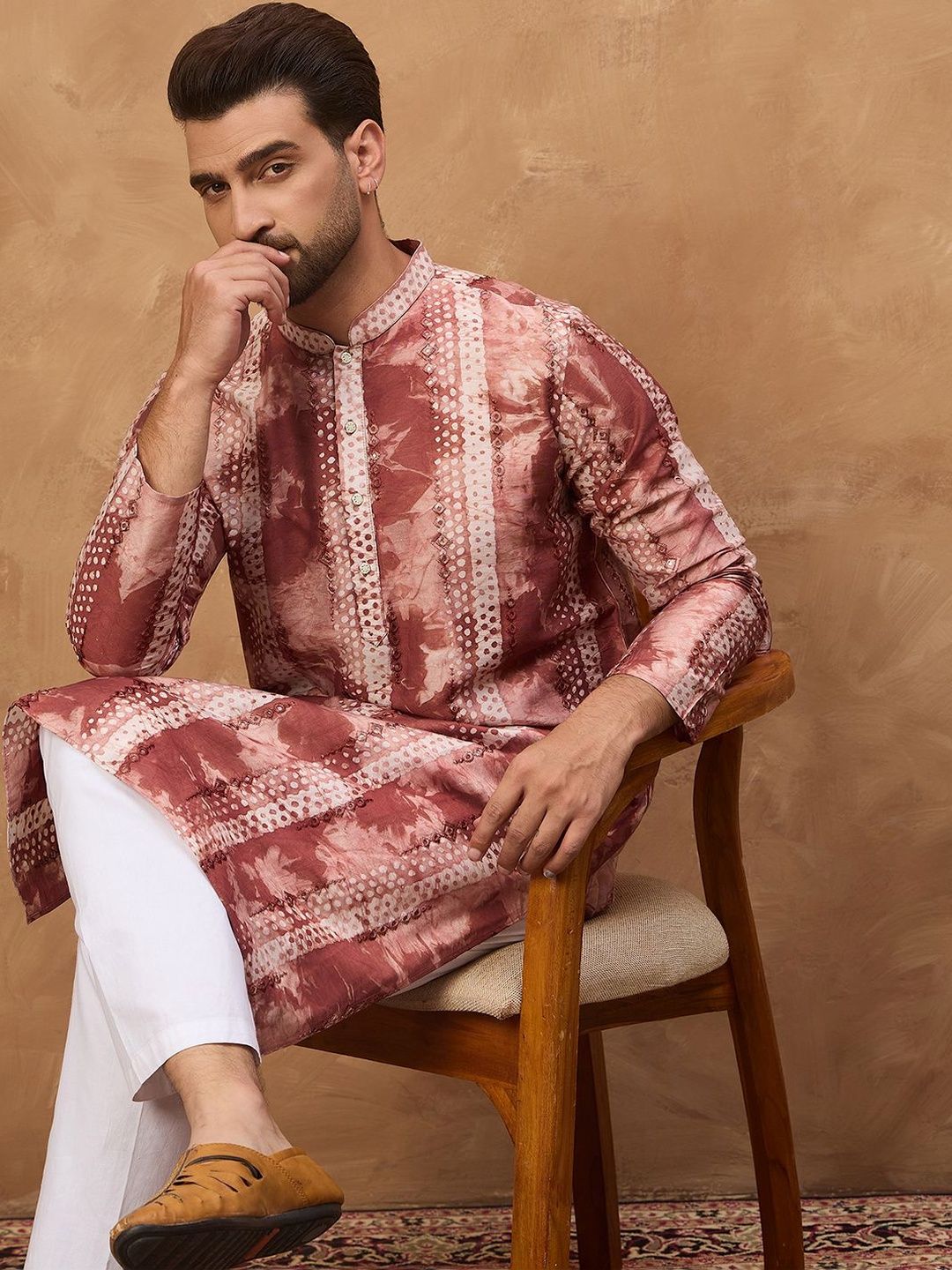 Ethnic Bay Men Brown Silk Blend Shibori Embroidered Straight Kurta With Pant Set-MKSET1539