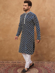 Ethnic Bay Men Blue Viscose Rayon Shibori Embroidered Straight Kurta With Pant Set-MKSET1414