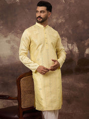 Ethnic Bay Men Yellow Silk Blend Solid Embroidered Straight Kurta With Pant Set-MKSET1364