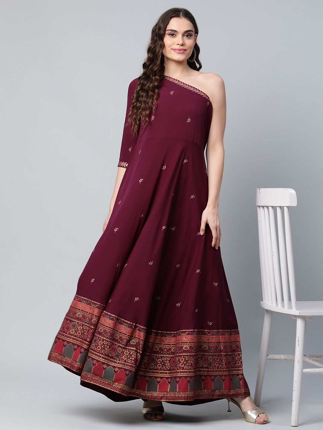 Burgundy & Gold-Toned Printed One Shoulder Ethnic Maxi Dress-AHKUCRGP-907-FF