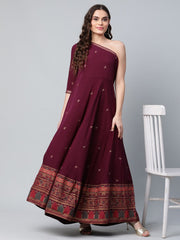 Burgundy & Gold-Toned Printed One Shoulder Ethnic Maxi Dress-AHKUCRGP-907-FF