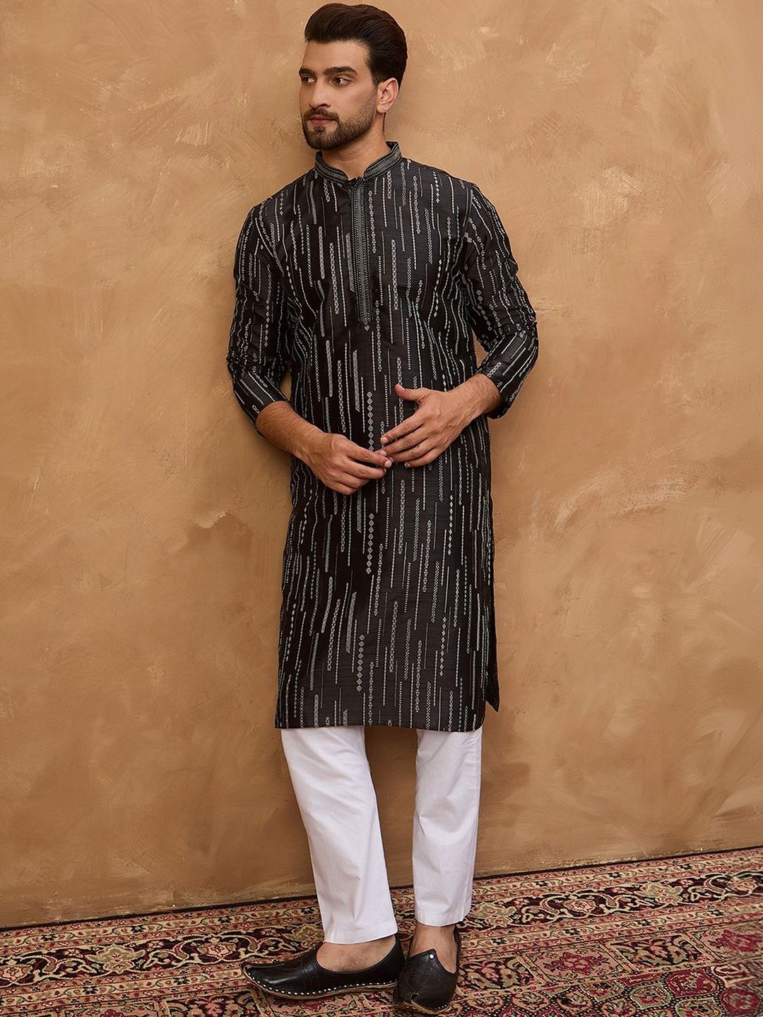 Ethnic Bay Men Black Silk Blend Geometric Printed Straight Kurta With Pant Set-MKSET1516