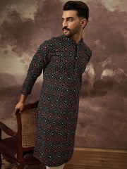 Ethnic Bay Men Black Viscose Rayon Bandhani Embroidered Straight Kurta With Pant Set-MKSET1402