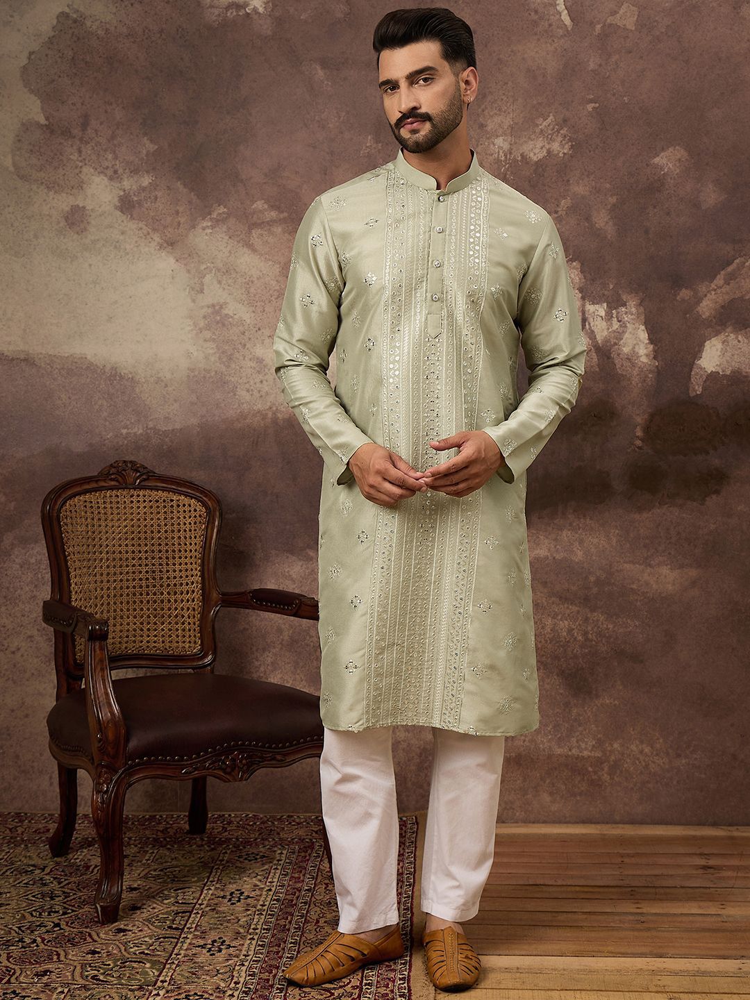 Ethnic Bay Men Green Silk Blend Solid Embroidered Straight Kurta With Pant Set-MKSET1363
