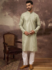 Ethnic Bay Men Green Silk Blend Solid Embroidered Straight Kurta With Pant Set-MKSET1363