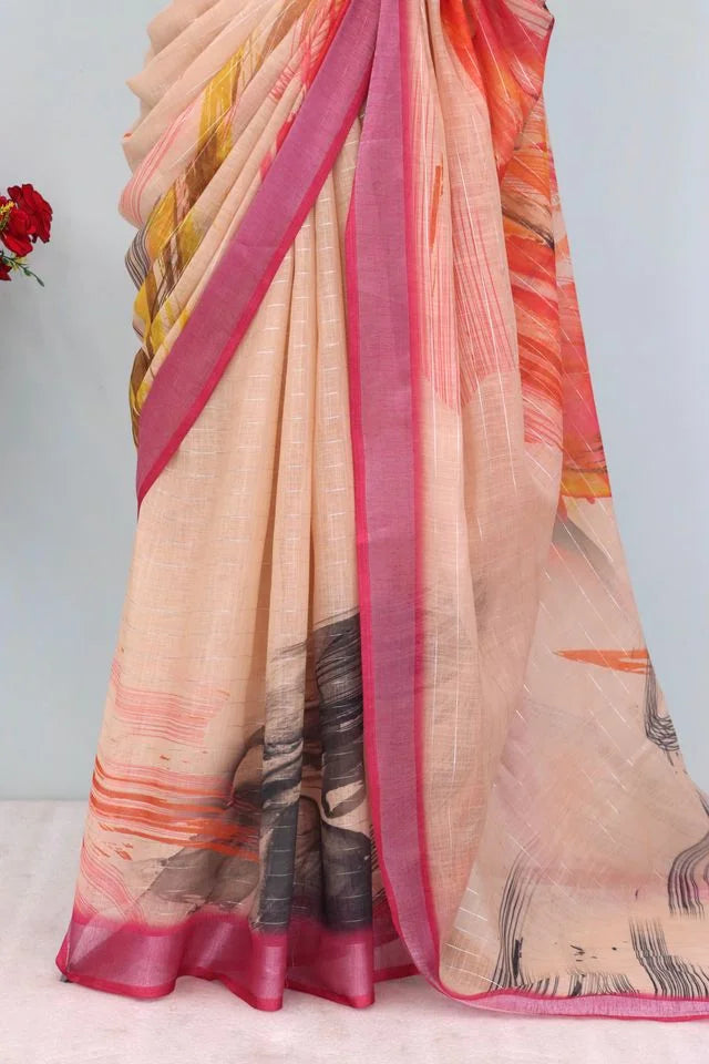 Linen Digital Print Cream Saree With Unstiched Blouse Piece