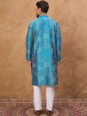 Ethnic Bay Men Blue Silk Blend Geometric Printed Straight Kurta With Pant Set-MKSET1527