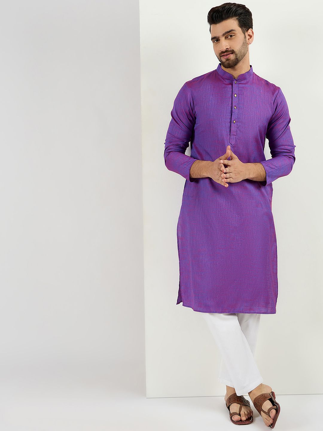 Ethnic Bay Men Purple Cotton Solid Woven Design Straight Kurta With Pant Set-MKSET1099
