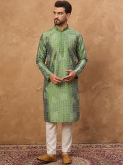 Ethnic Bay Men Green Silk Blend Geometric Printed Straight Kurta With Pant Set-MKSET1530