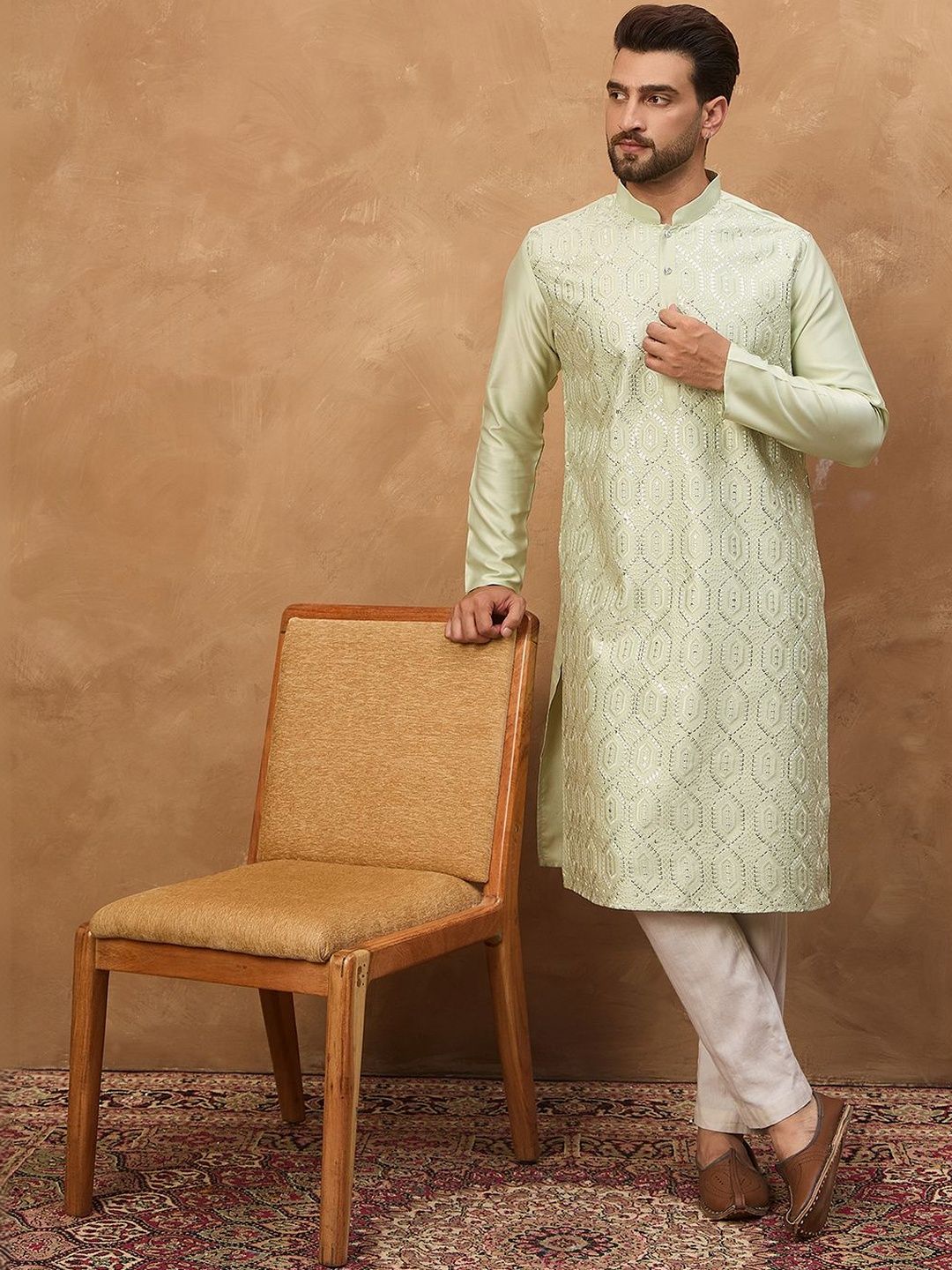 Ethnic Bay Men Peach Silk Blend Solid Embroidered Straight Kurta With Pant Set-MKSET1445