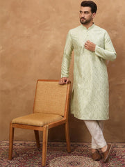 Ethnic Bay Men Peach Silk Blend Solid Embroidered Straight Kurta With Pant Set-MKSET1445