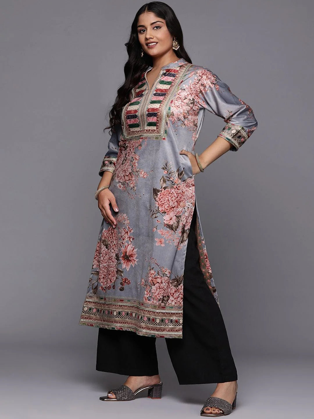 Floral Velvet Indian Kurta for Women: Gotta Patti Details
