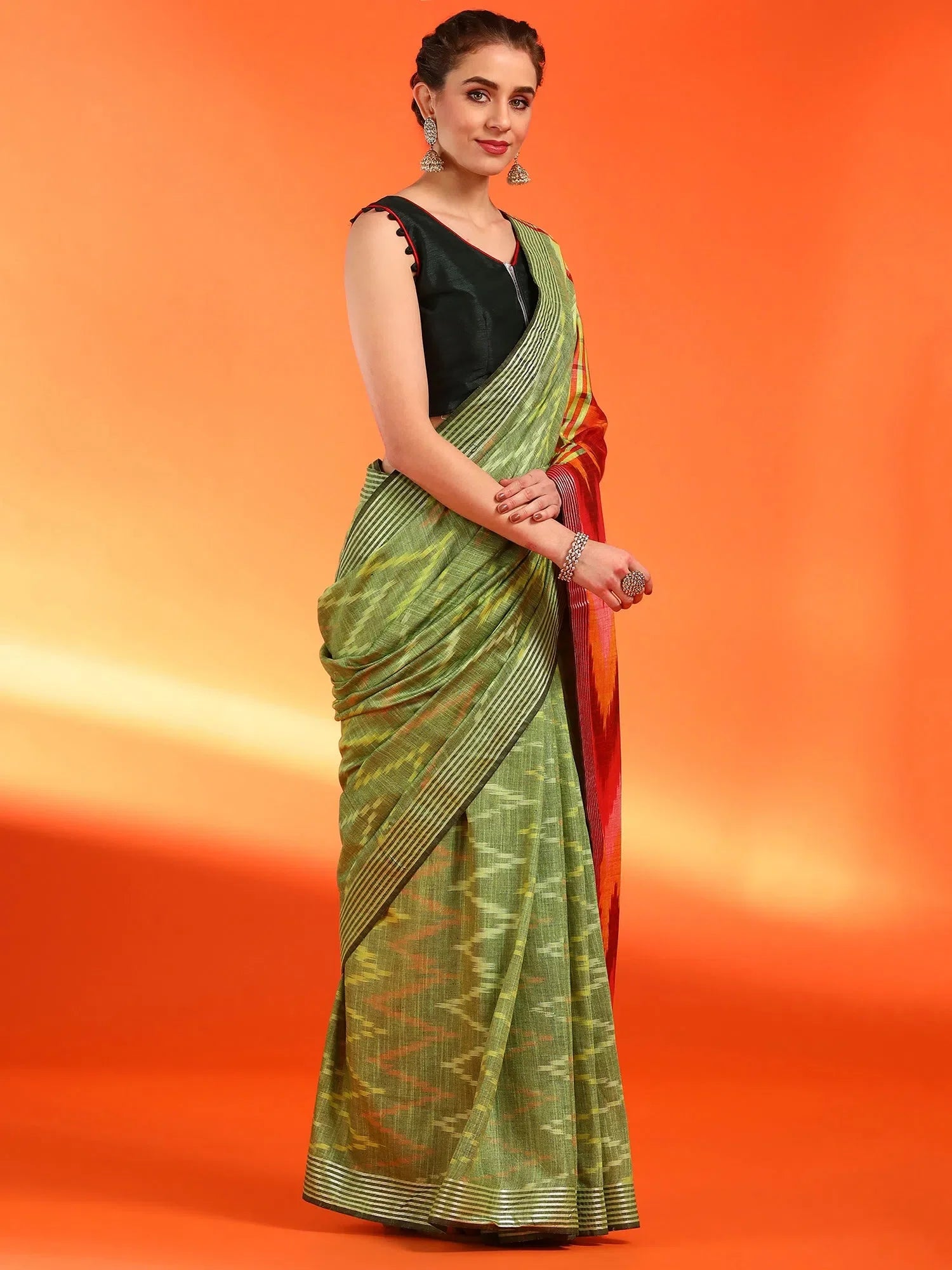 Light Green Cotton Blend Indian Sari - Printed Saree