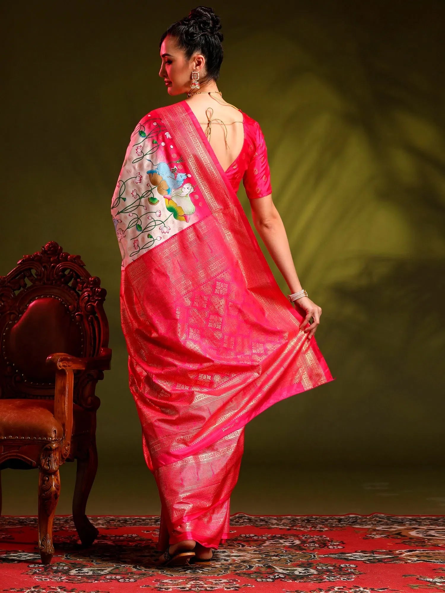Dola Cream Printed Designer Indian Sari - Rajwadi Sarees