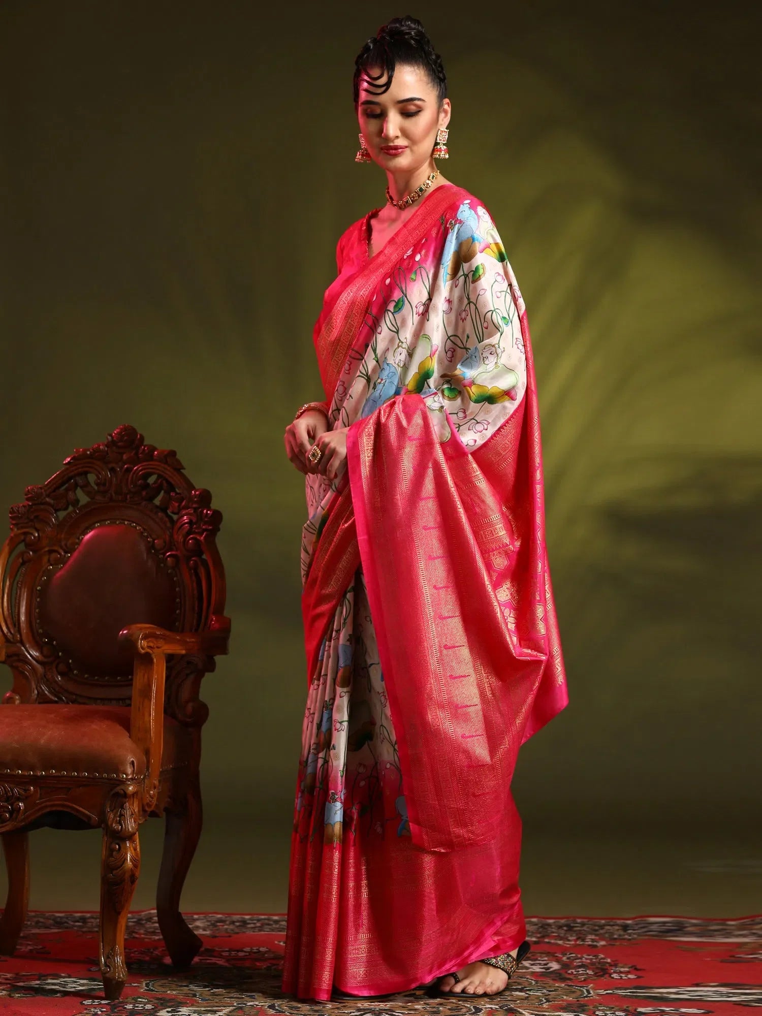 Dola Cream Printed Designer Indian Sari - Rajwadi Sarees