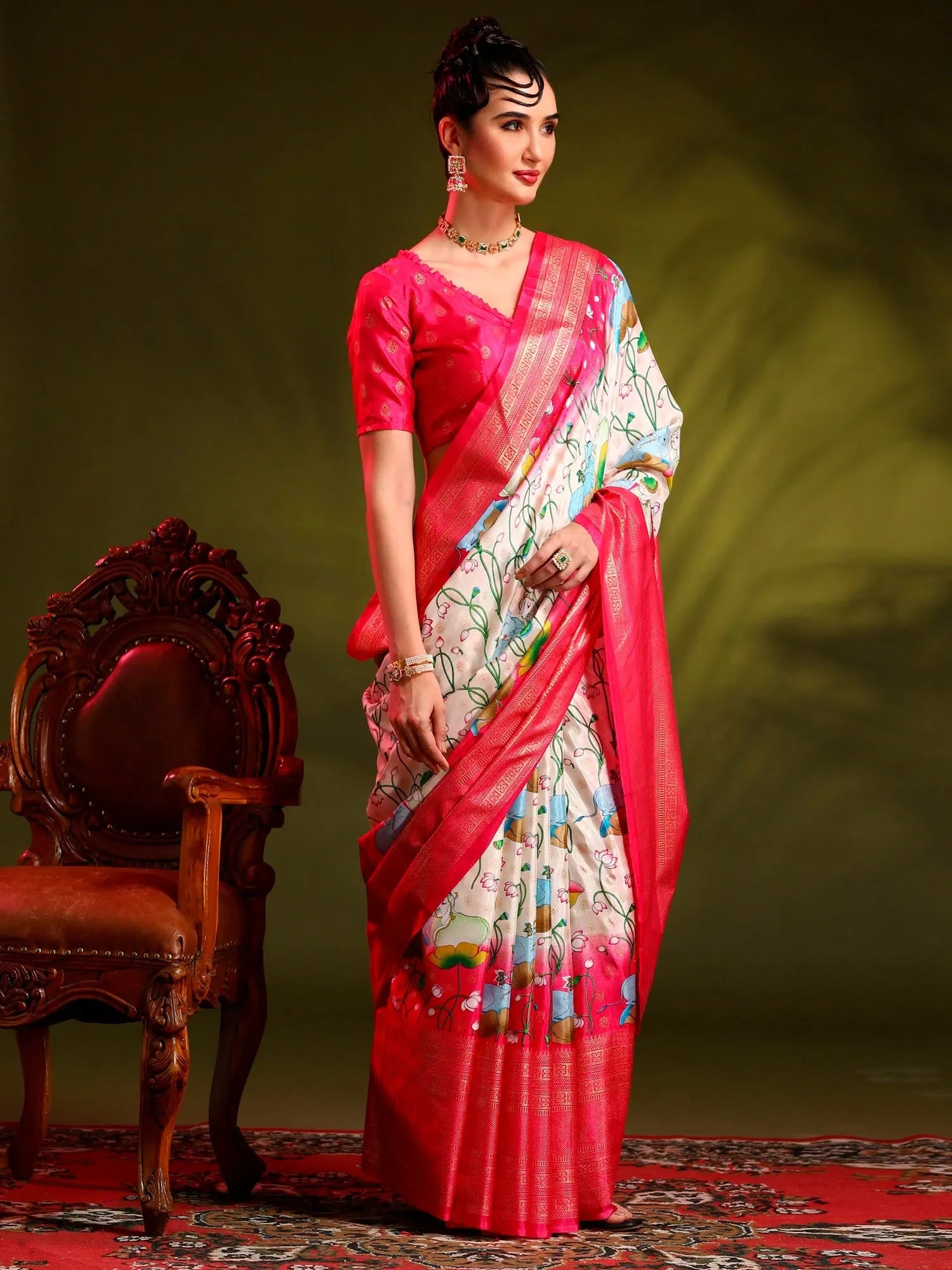 Dola Cream Printed Designer Indian Sari - Rajwadi Sarees