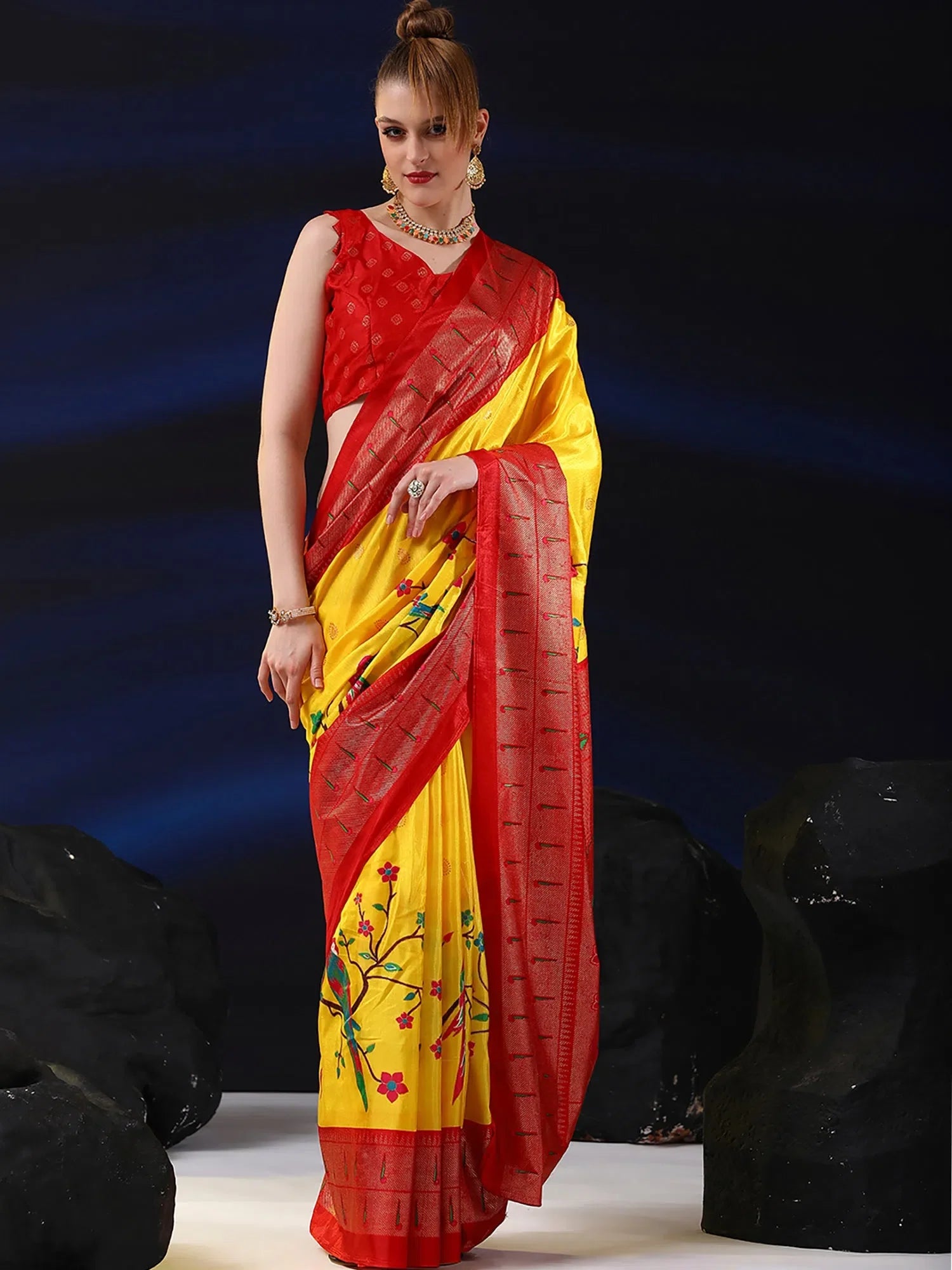 Yellow Printed Polyester Saree | Designer Sarees India