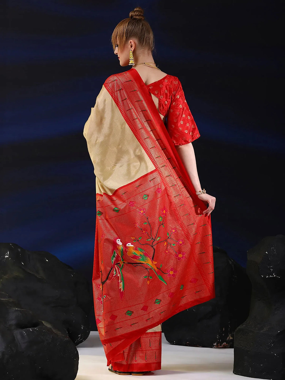 Women's Dola  Cream Printed Designer Saree With Blouse Piece-RAJWADI07C