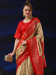 Women's Dola  Cream Printed Designer Saree With Blouse Piece-RAJWADI07C