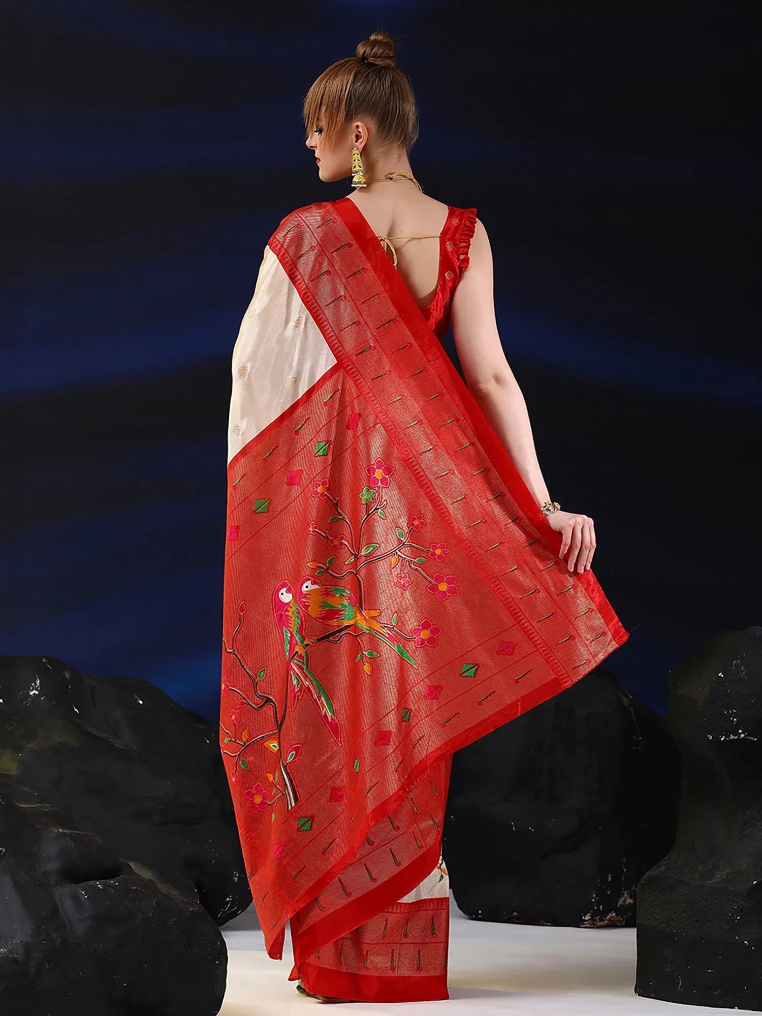 Cream Printed Polyester Saree | Designer Indian Sarees