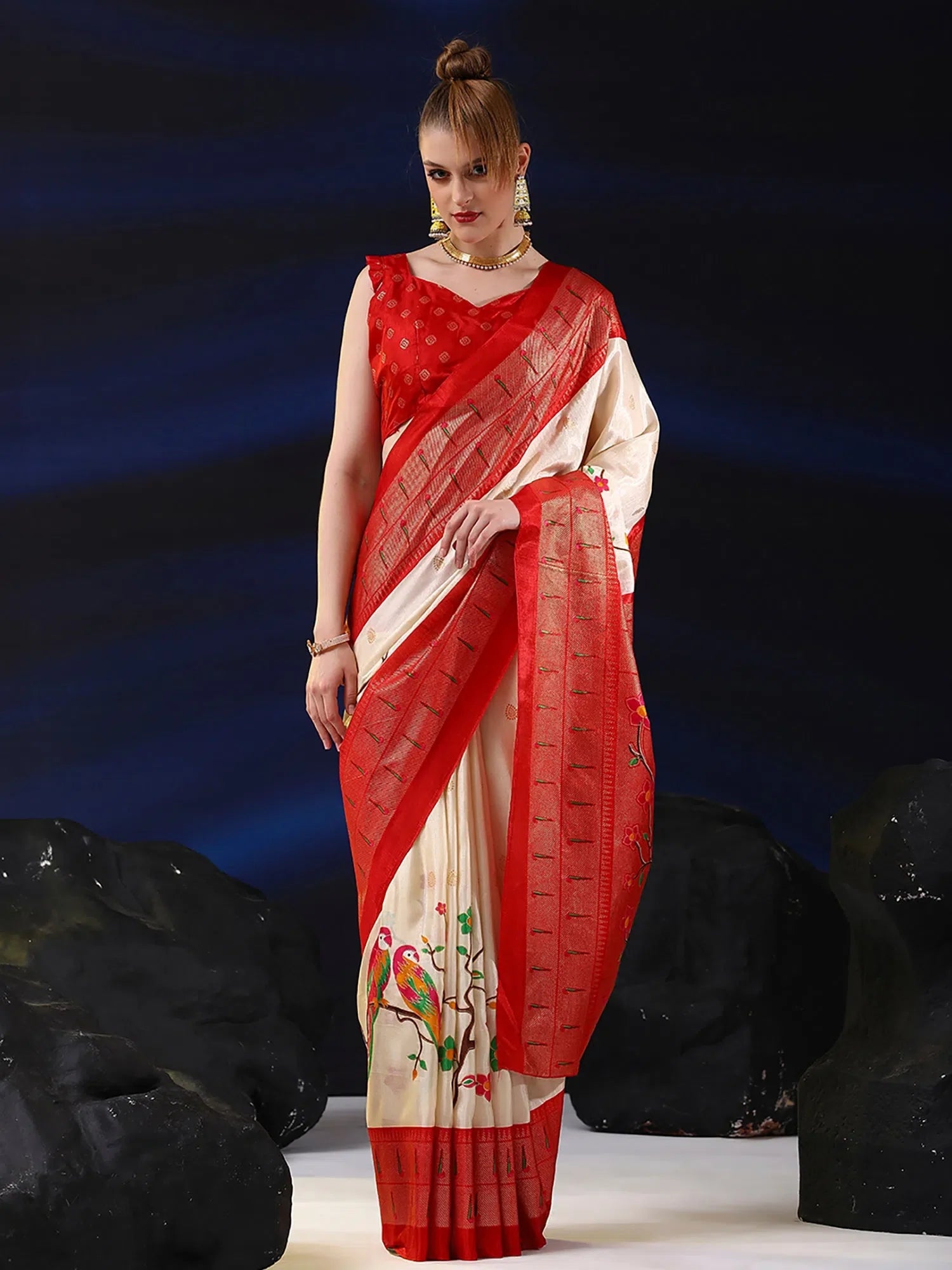 Cream Printed Polyester Saree | Designer Indian Sarees