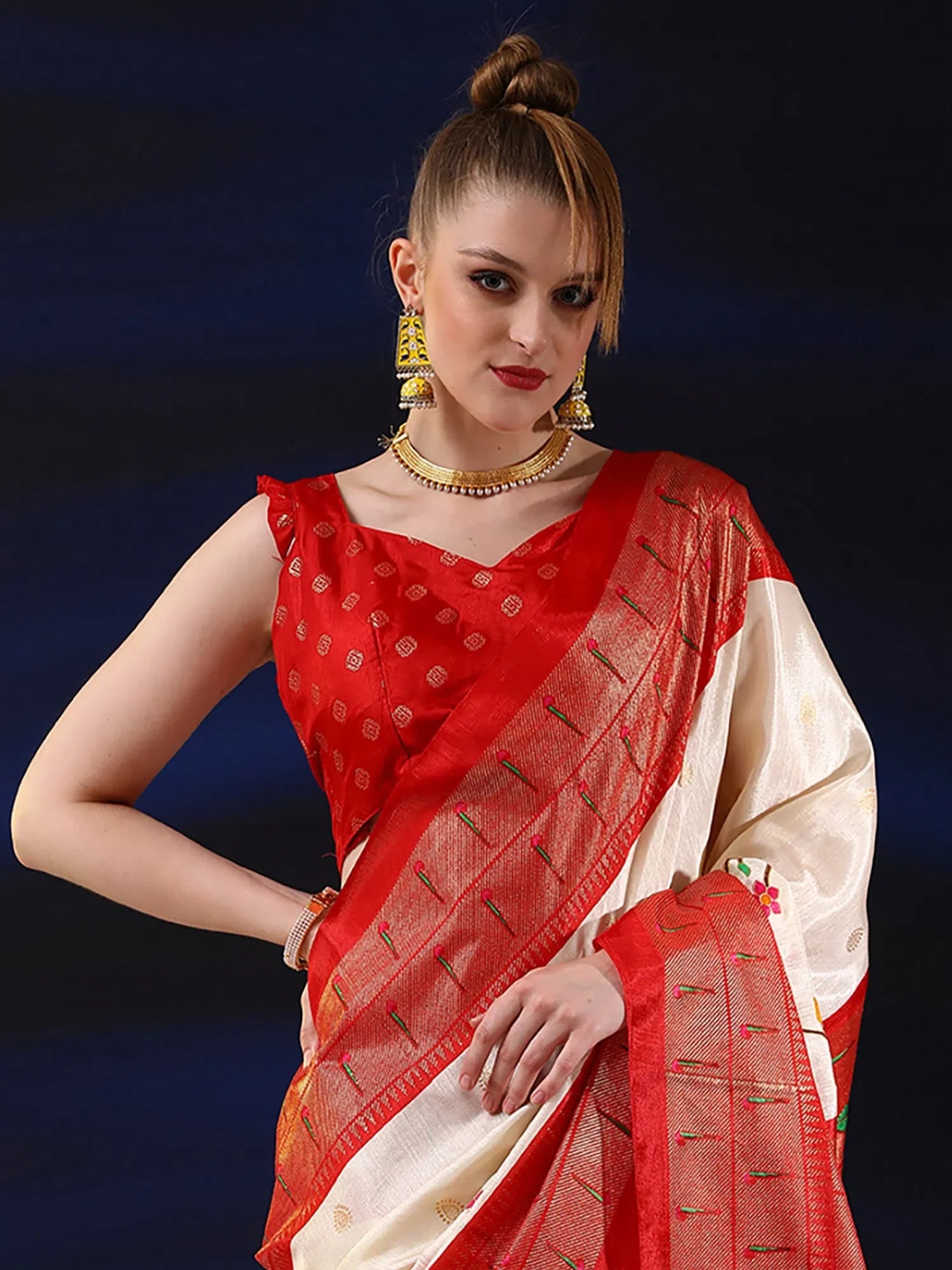 Cream Printed Polyester Saree | Designer Indian Sarees