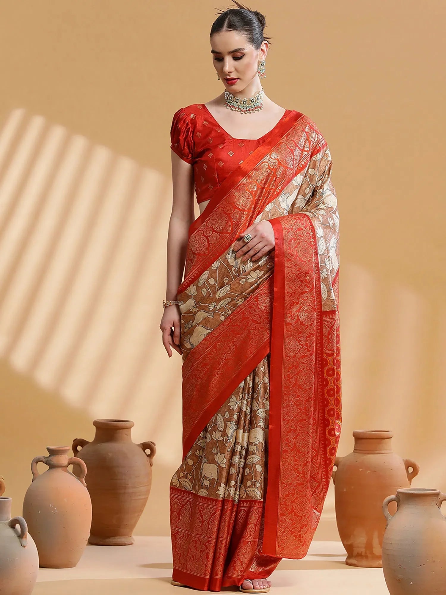 Brown Printed Designer Saree | Indian Sari Collection