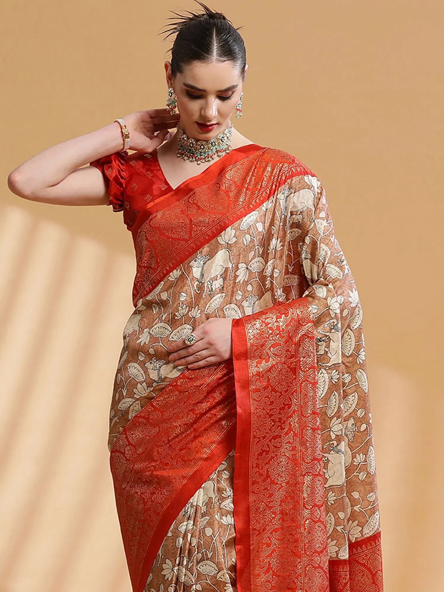 Brown Printed Designer Saree | Indian Sari Collection
