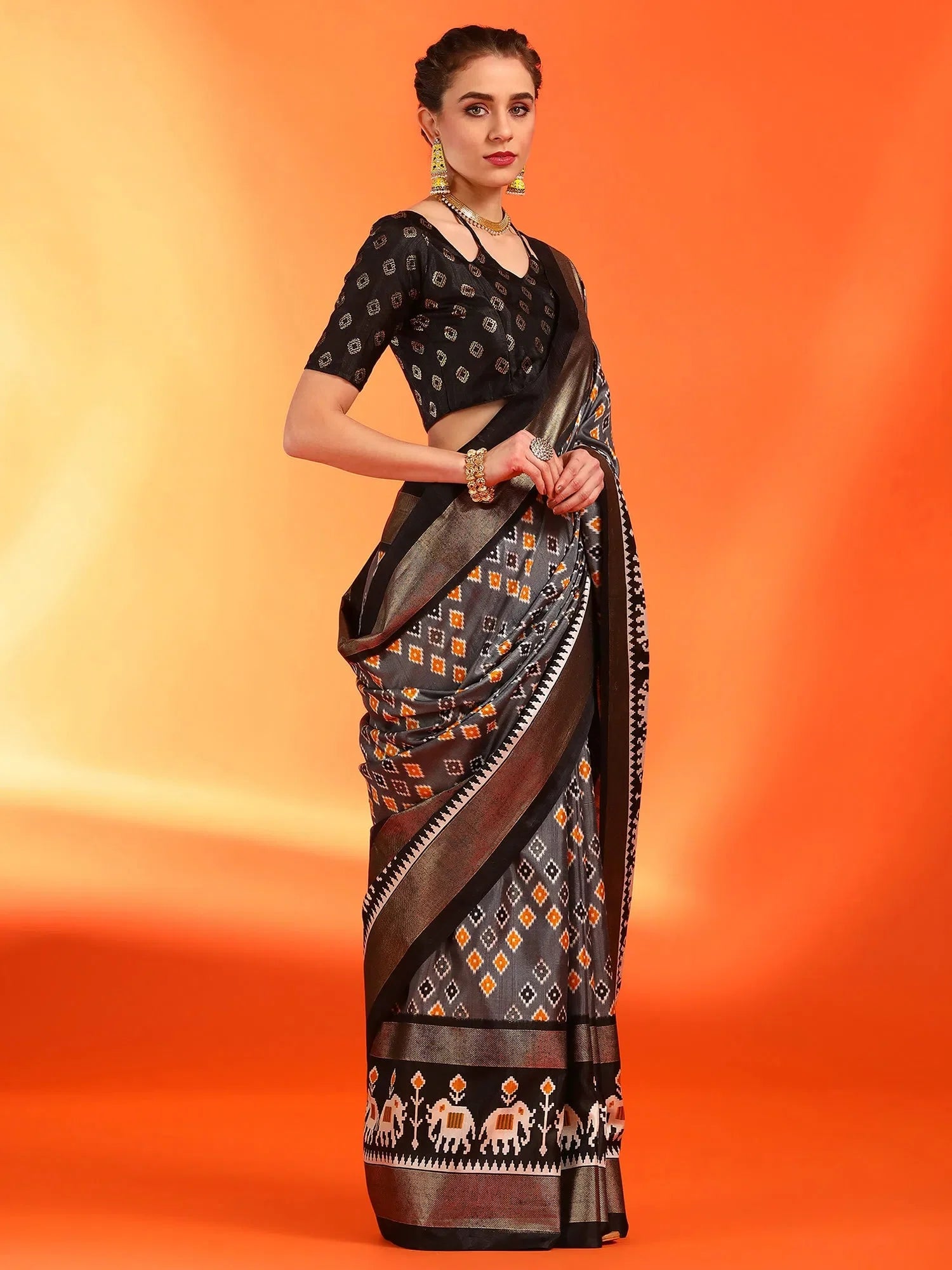 Charcoal Grey Printed Polyester Indian Sari - Rajwadi