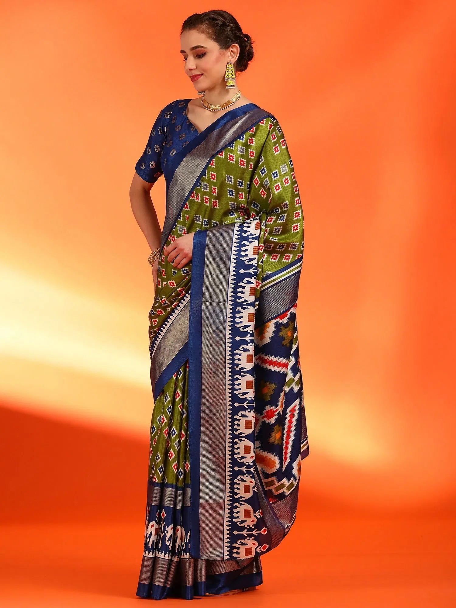 Dola Green Printed Saree | Indian Sari & Blouse Piece
