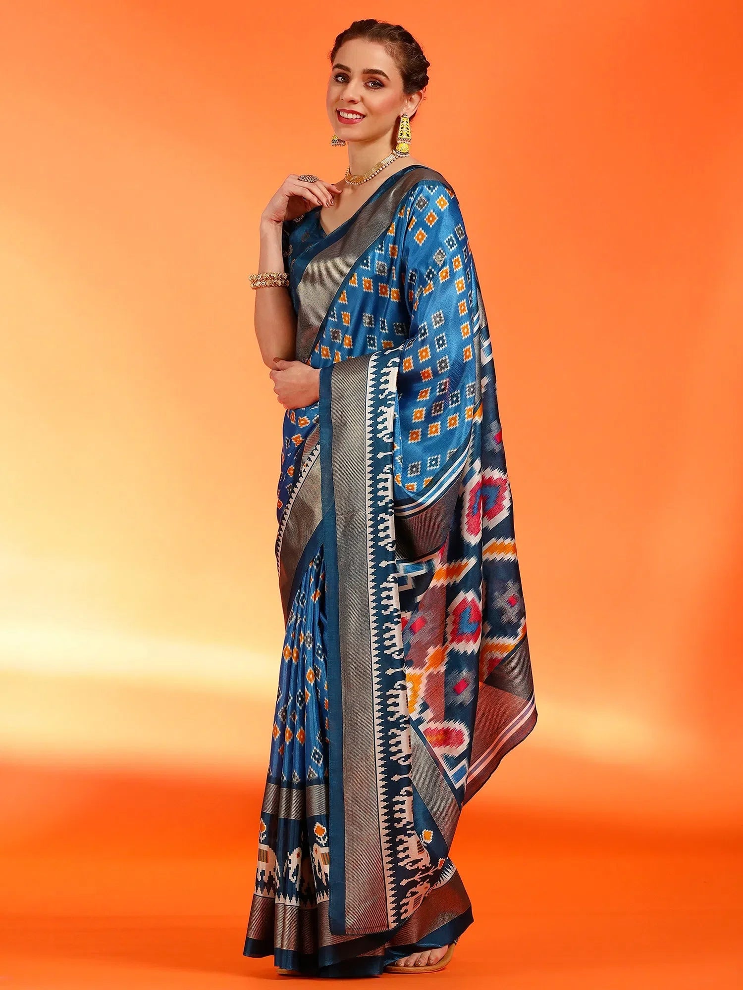 Blue Printed Polyester Saree | Indian Sarees for Women