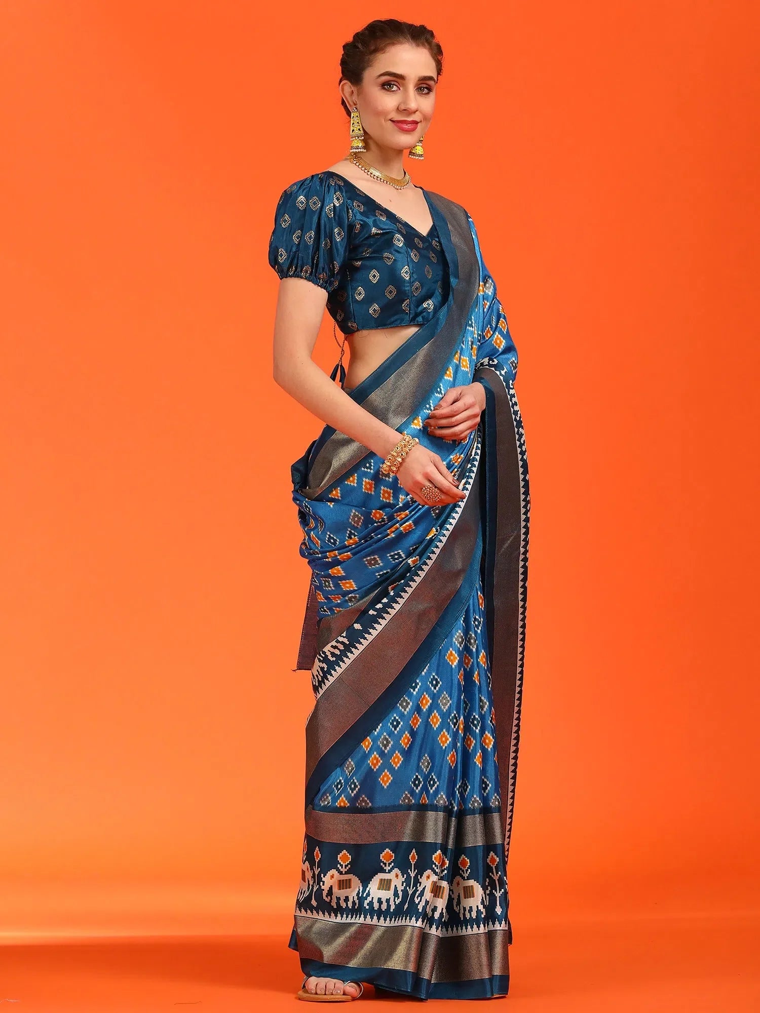 Blue Printed Polyester Saree | Indian Sarees for Women
