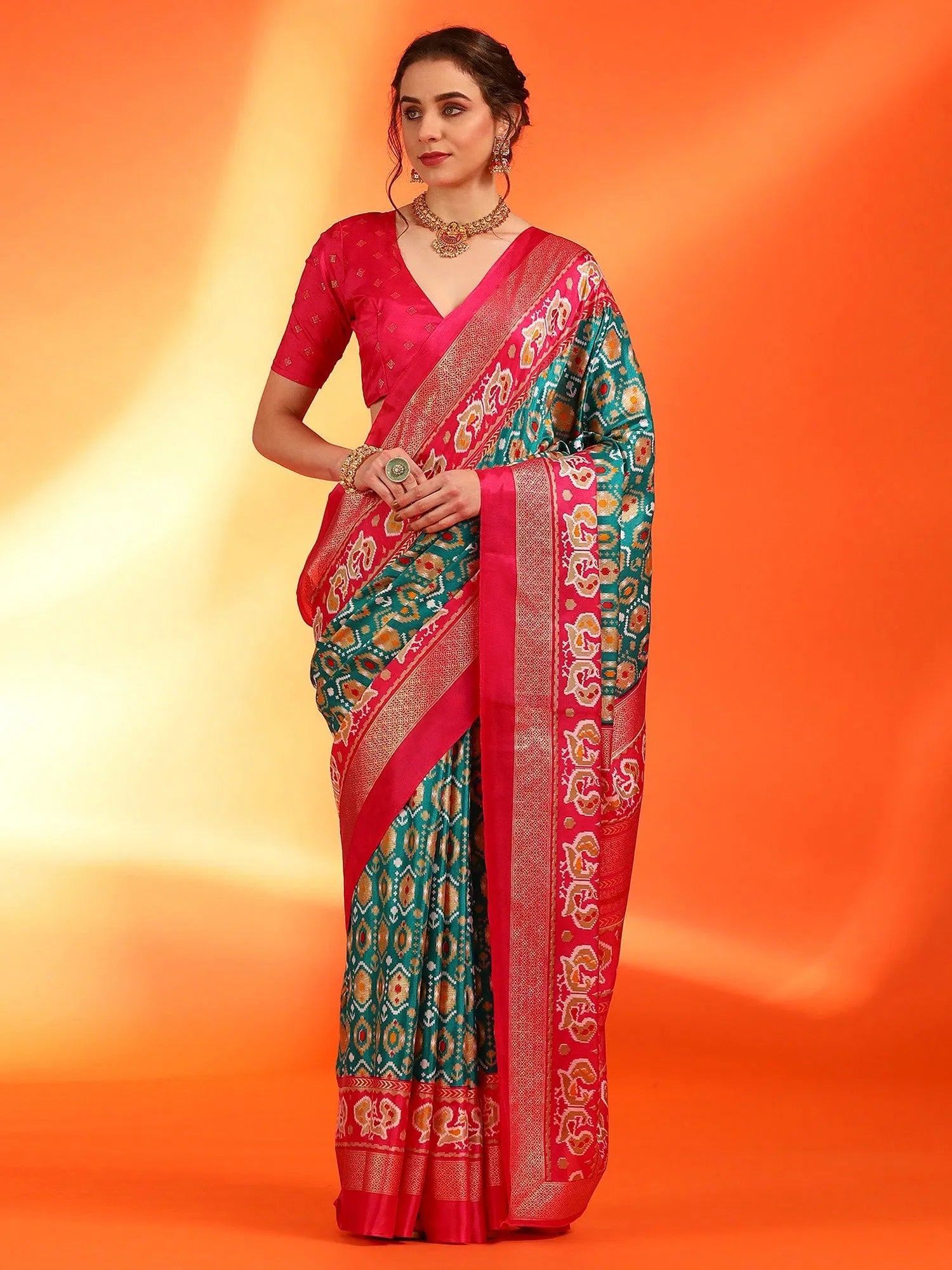 Teal Blue Printed Designer Sarees India | Polyester Saree
