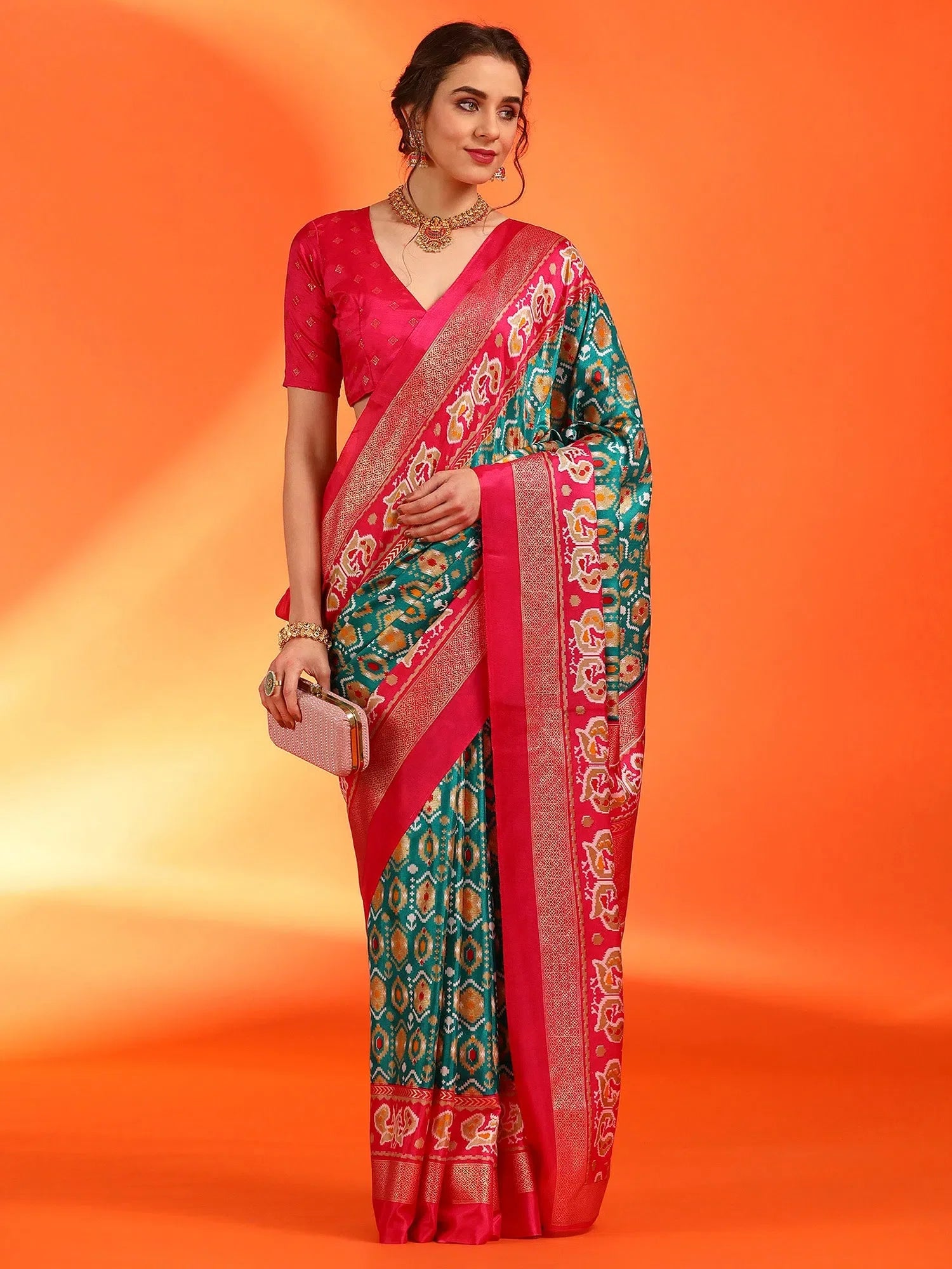 Teal Blue Printed Designer Sarees India | Polyester Saree