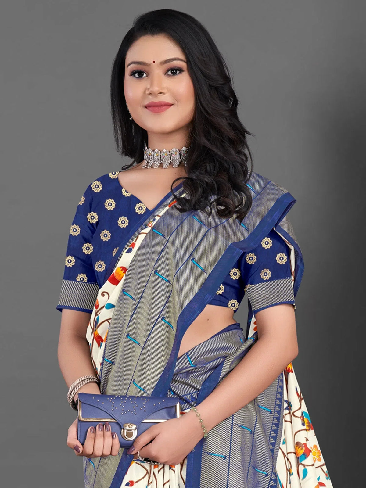 Women's Dola  Off White Printed Designer Saree With Blouse Piece-RAJWADI22A