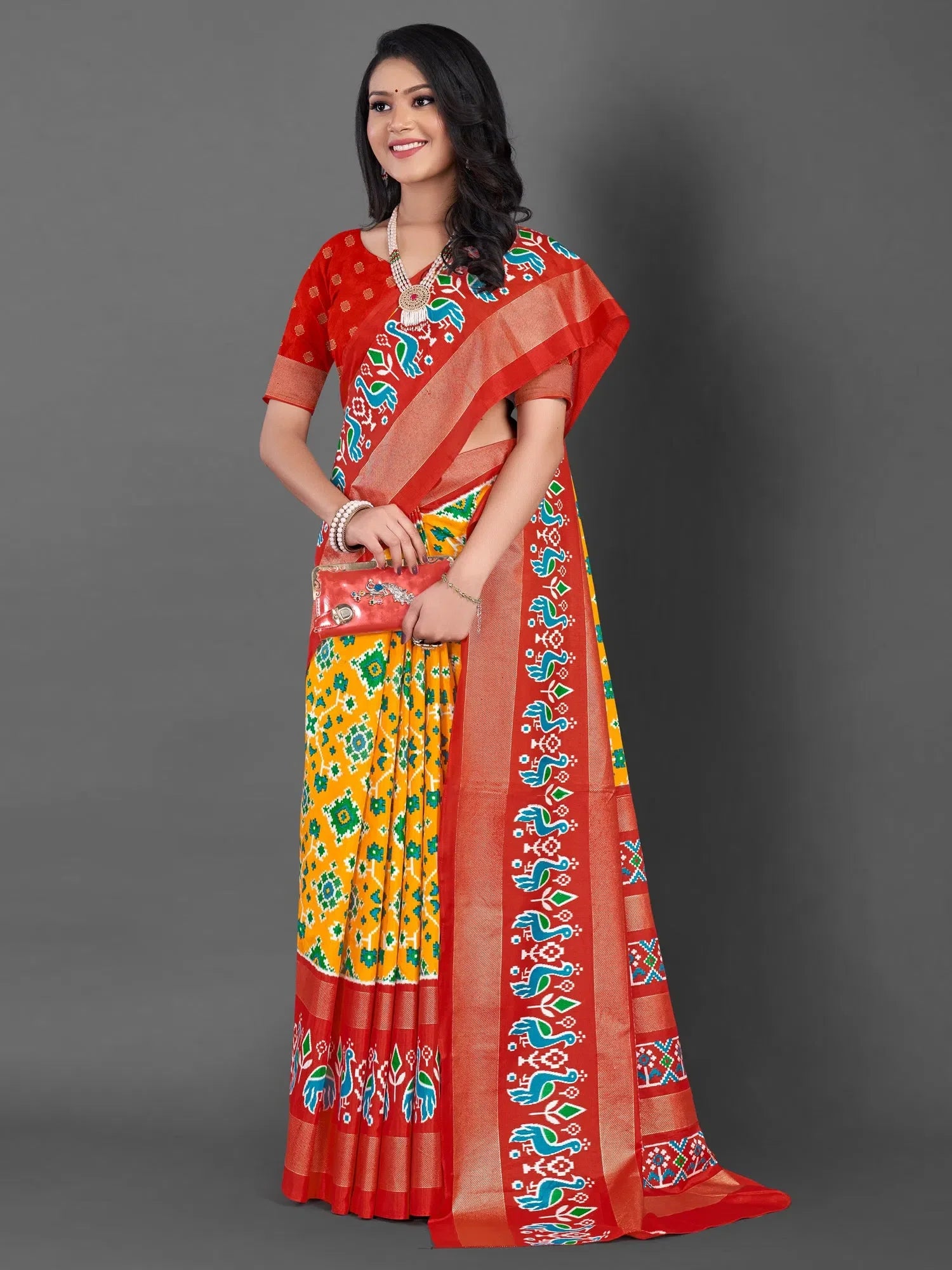 Yellow Printed Polyester Saree - Designer Sarees India