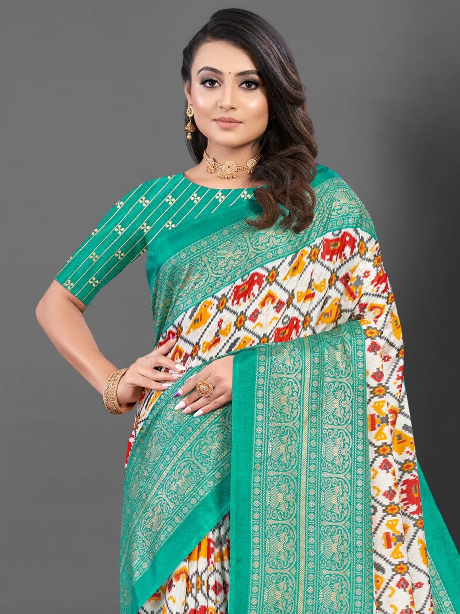 Graceful White Printed Polyester Saree | Exclusive Indian Designer Wear