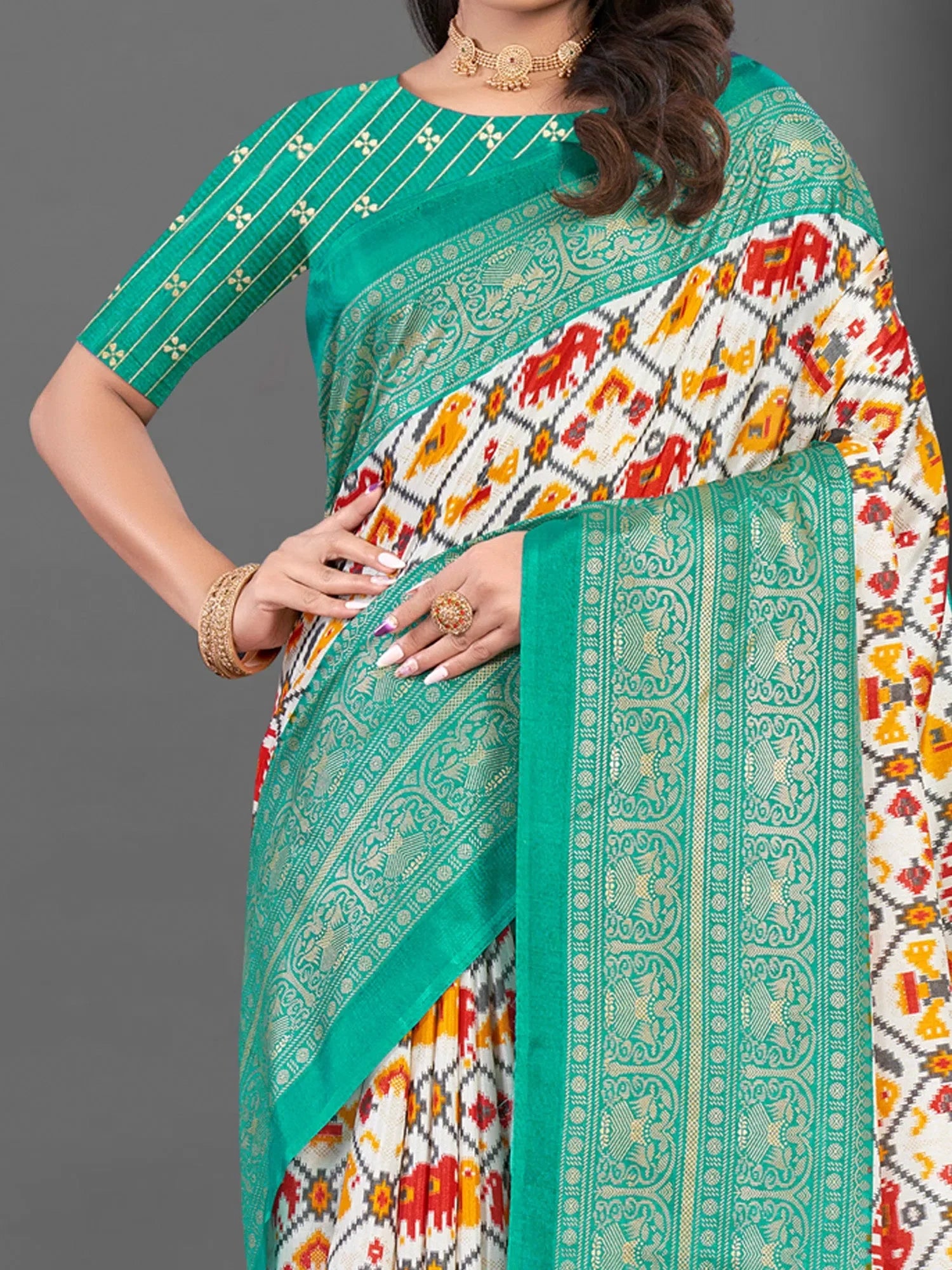 Graceful White Printed Polyester Saree | Exclusive Indian Designer Wear