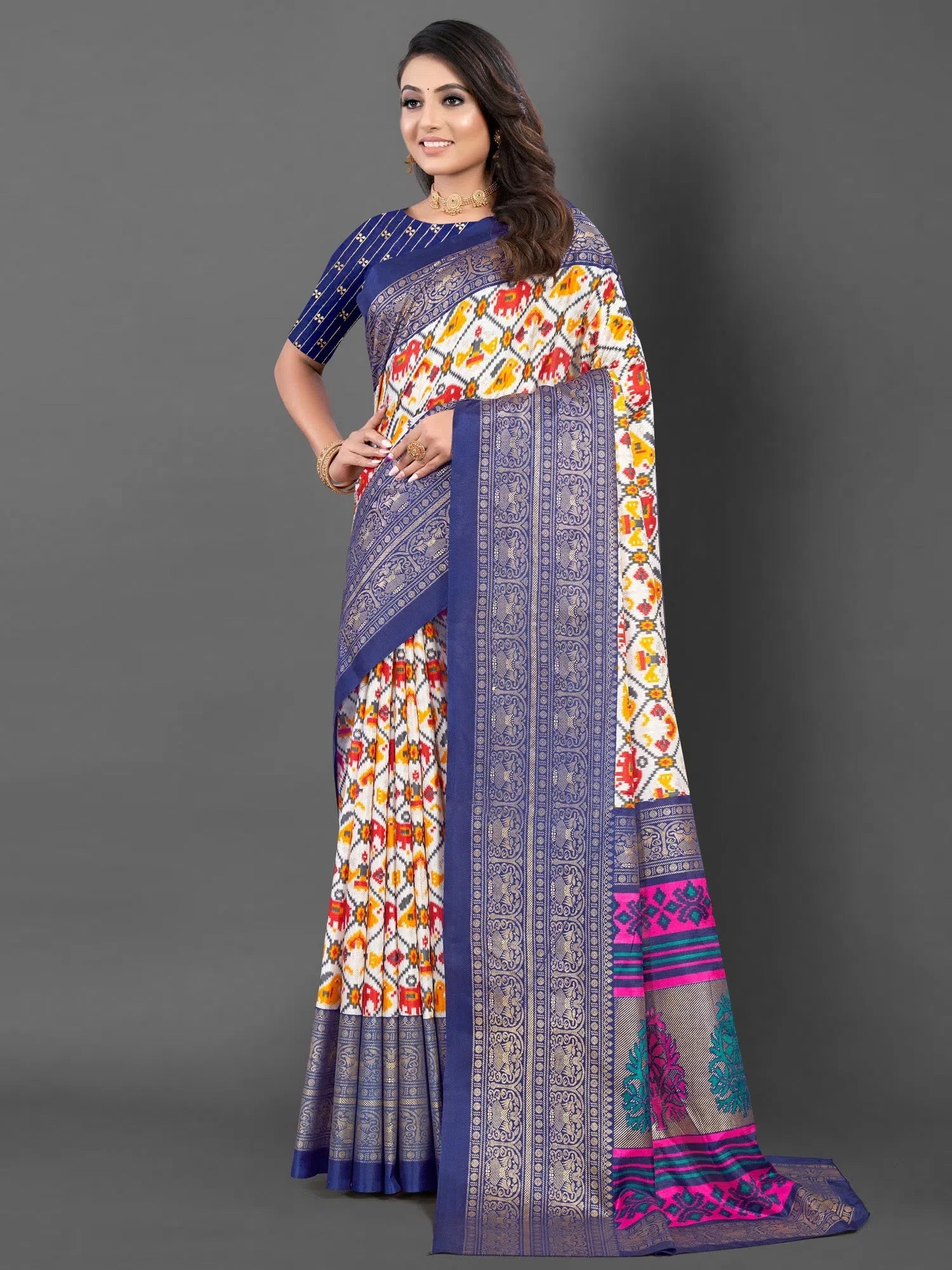 White Printed Designer Saree | Indian Sari & Blouse Piece